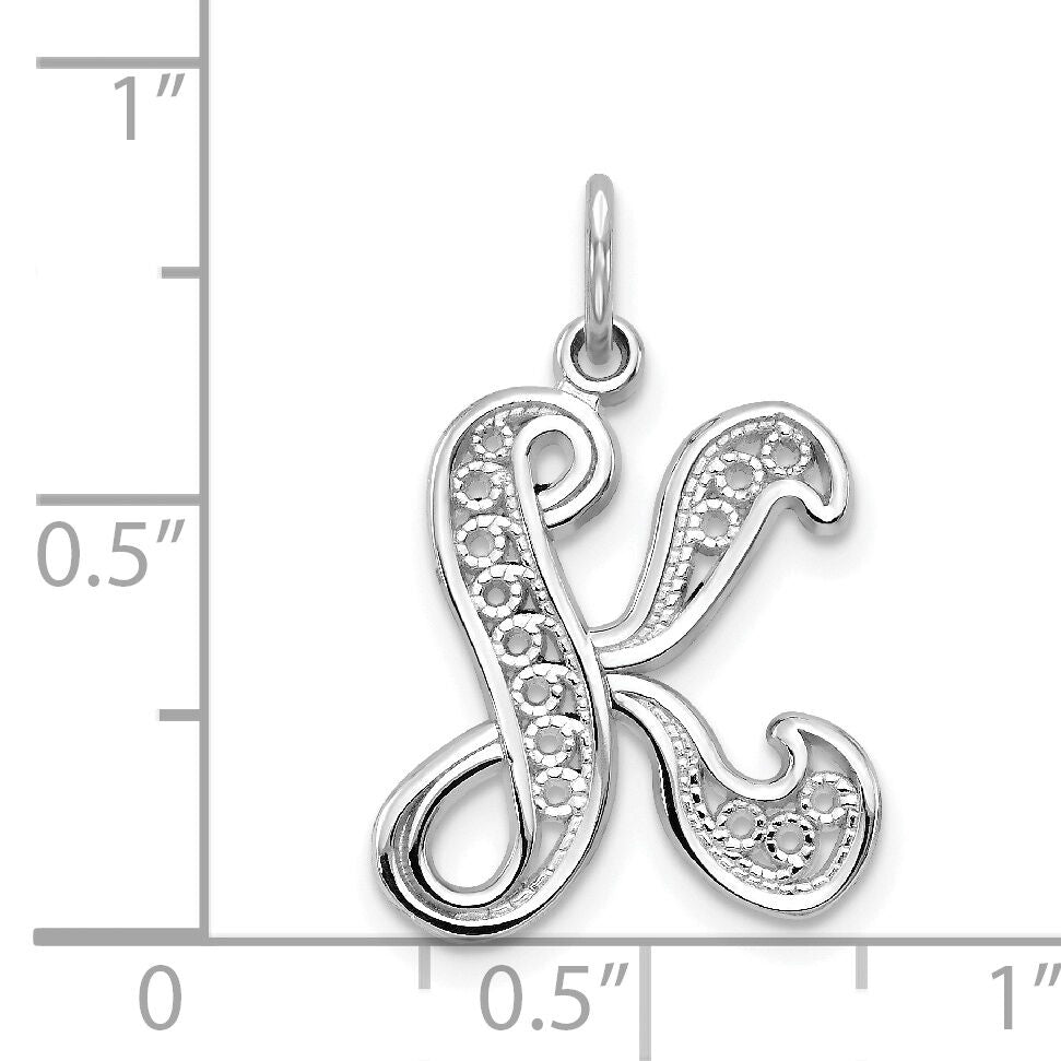 14KW White Gold Solid Polished Script Filigree Letter K Initial Pendant-D1281K