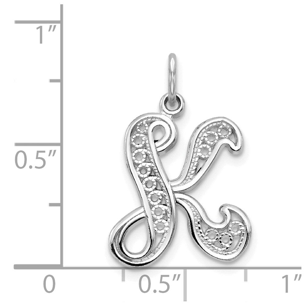 14KW White Gold Solid Polished Script Filigree Letter K Initial Pendant-D1281K