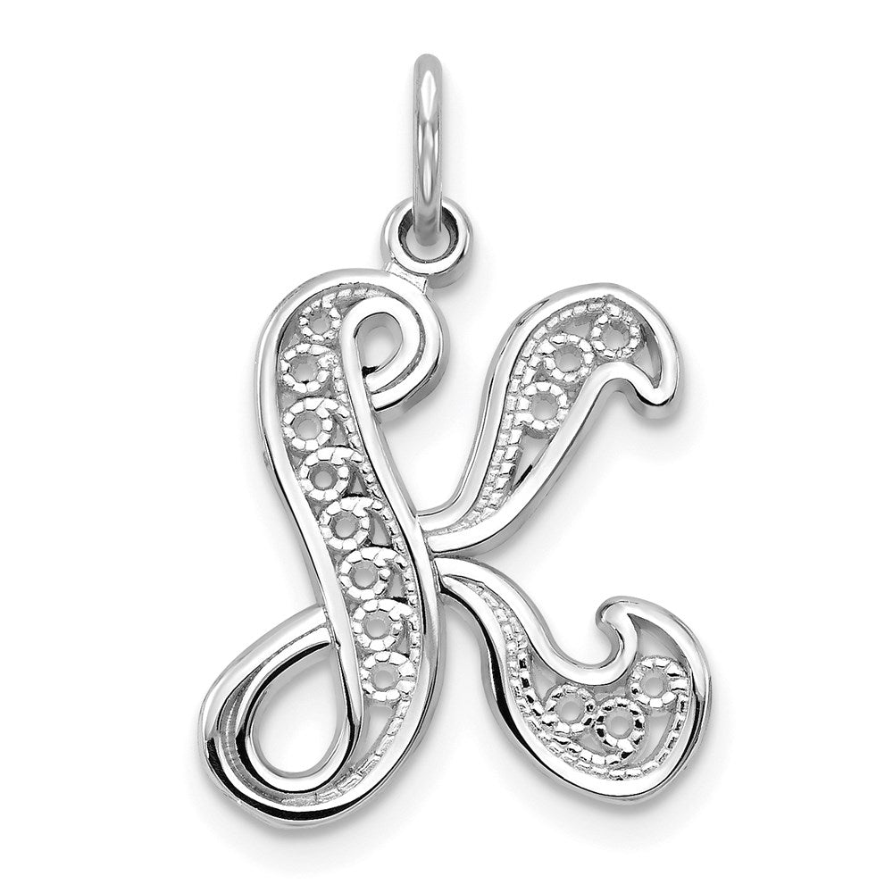 14KW White Gold Solid Polished Script Filigree Letter K Initial Pendant-D1281K