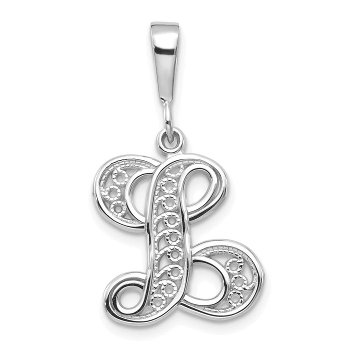 14KW White Gold Solid Polished Script Filigree Letter L Initial Pendant-D1281L