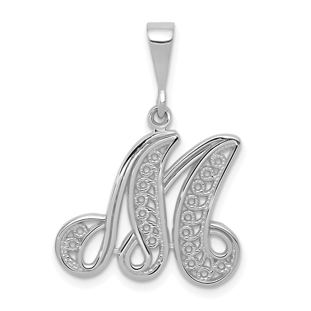 14KW White Gold Solid Polished Script Filigree Letter M Initial Pendant-D1281M