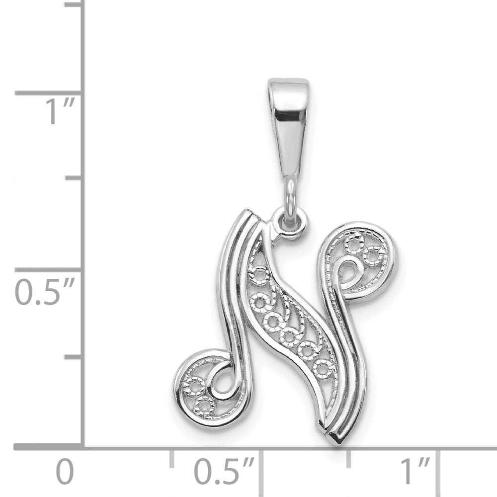 14KW White Gold Solid Polished Script Filigree Letter N Initial Pendant-D1281N