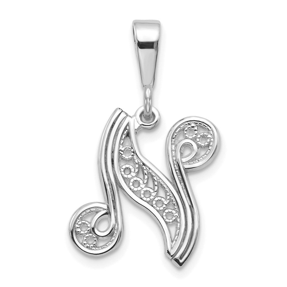 14KW White Gold Solid Polished Script Filigree Letter N Initial Pendant-D1281N