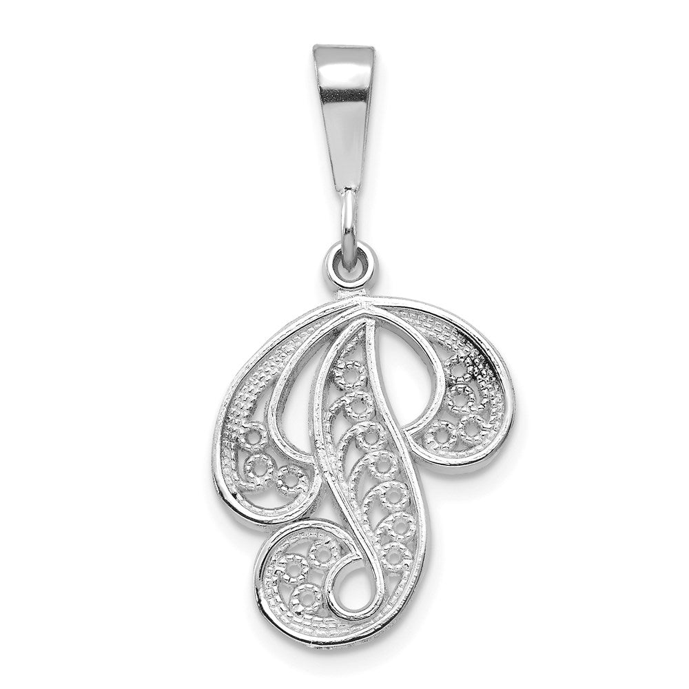 14KW White Gold Solid Polished Script Filigree Letter P Initial Pendant-D1281P