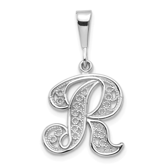 14KW White Gold Solid Polished Script Filigree Letter R Initial Pendant-D1281R