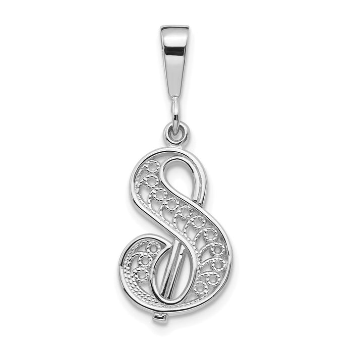 14KW White Gold Solid Polished Script Filigree Letter S Initial Pendant-D1281S