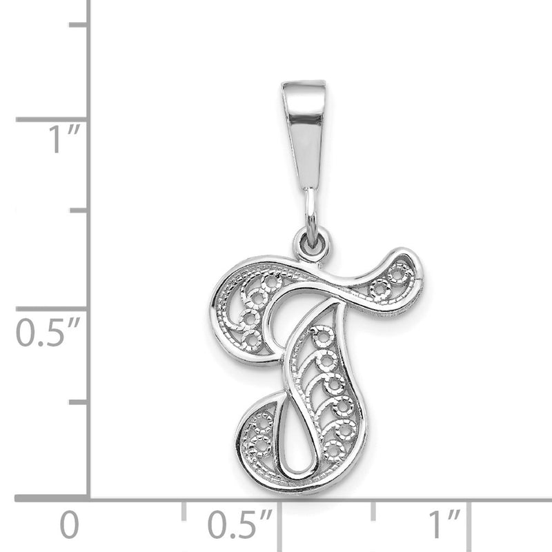 14KW White Gold Solid Polished Script Filigree Letter T Initial Pendant-D1281T