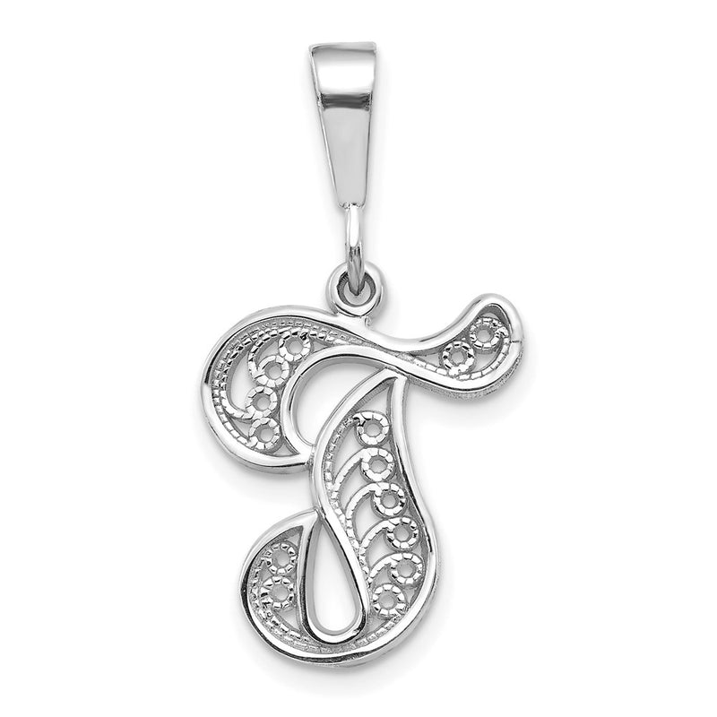 14KW White Gold Solid Polished Script Filigree Letter T Initial Pendant-D1281T