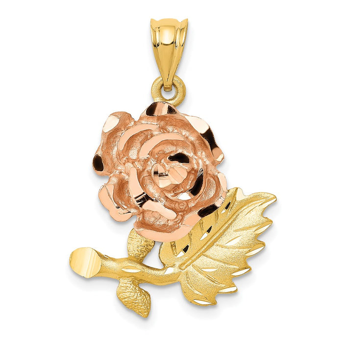 14k Two-Tone Solid Satin Diamond-cut Flower Pendant-D1292