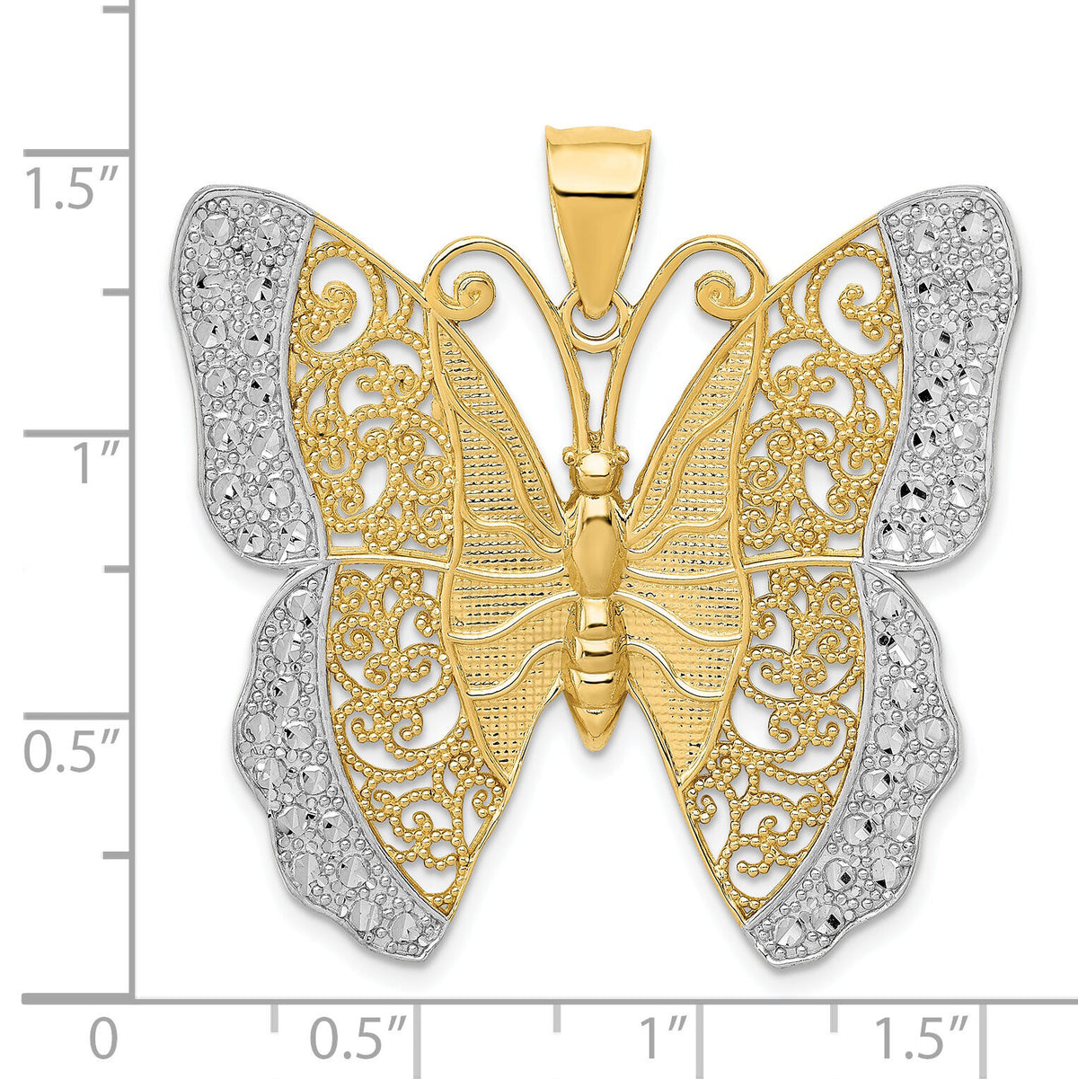 14k w/ Rhodium Solid Polished Diamond-cut Filigree Butterfly Pendant-D1340
