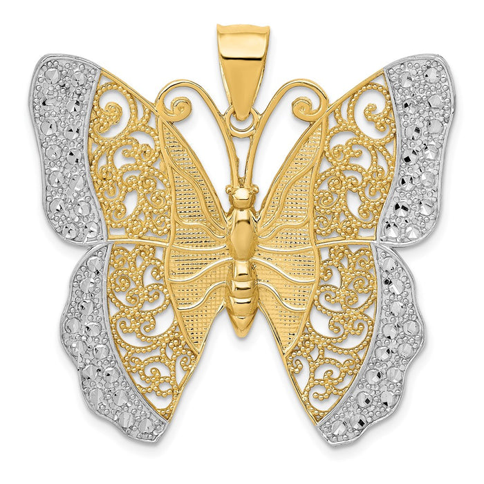 14k w/ Rhodium Solid Polished Diamond-cut Filigree Butterfly Pendant-D1340