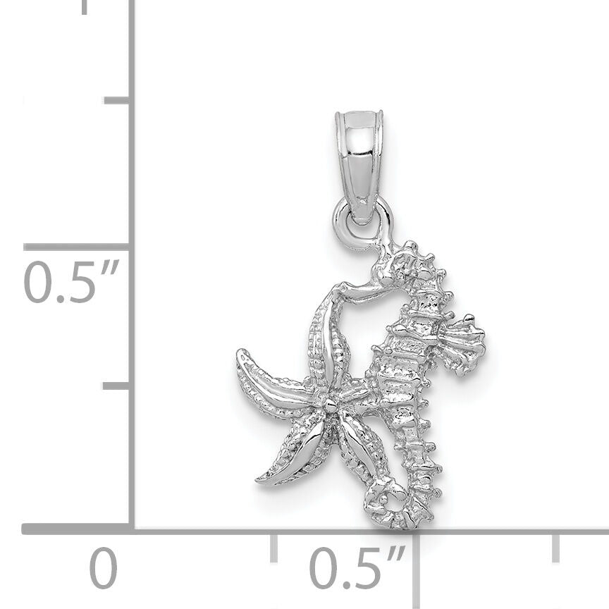 14K White Gold Solid Seahorse and Starfish Pendant-D1394W