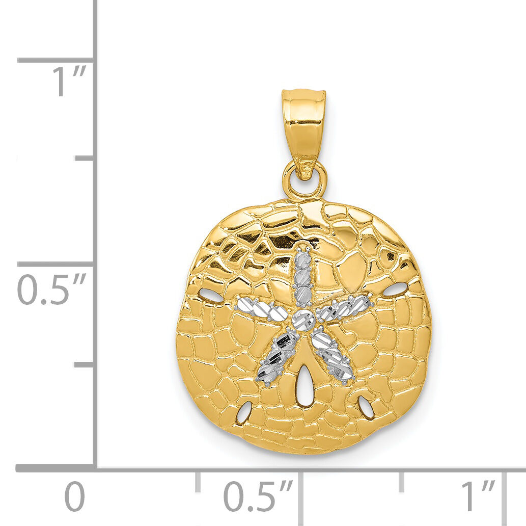 14K with White Rhodium Polished Diamond-Cut Sand Dollar Pendant-D1400