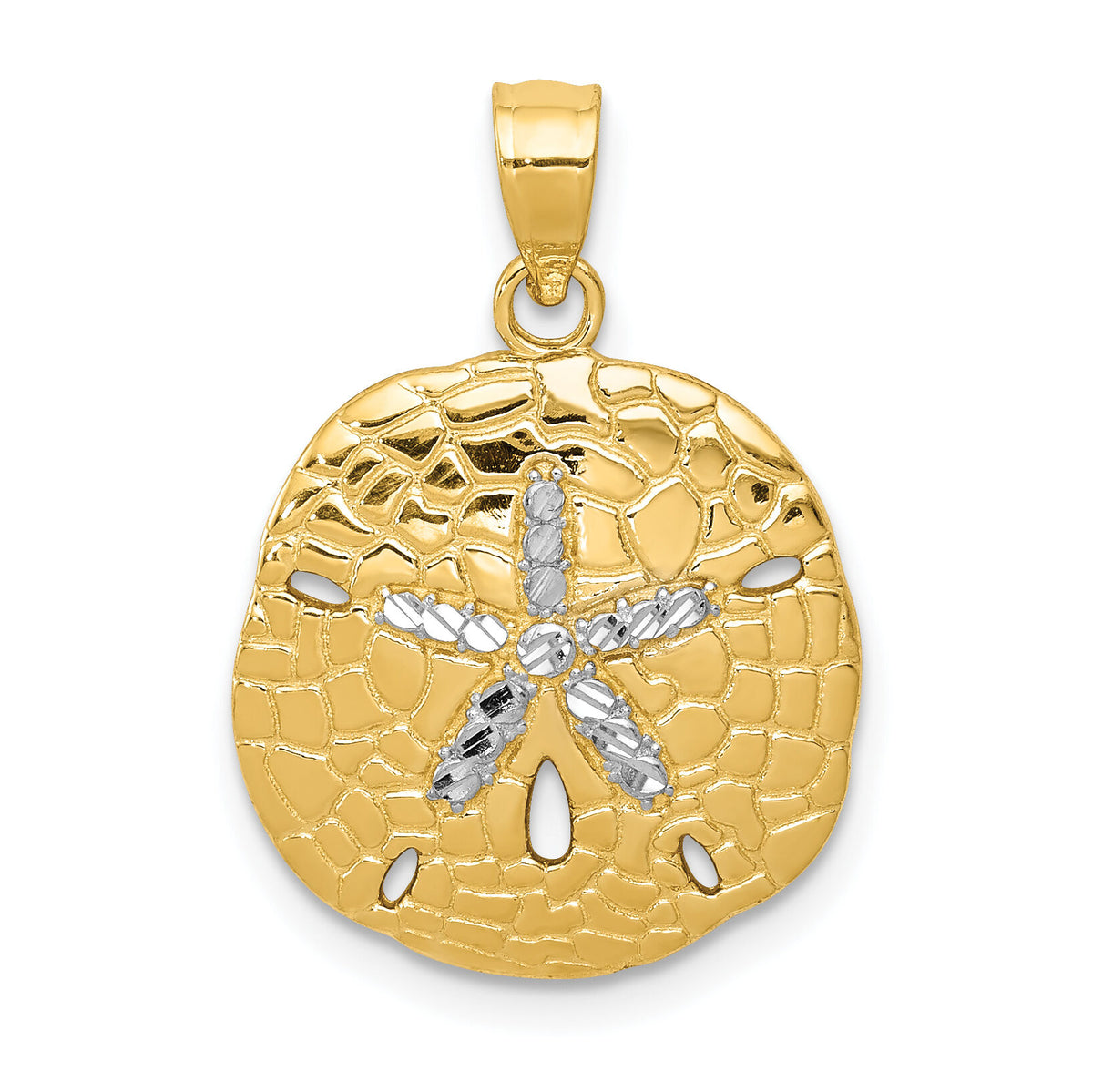 14K with White Rhodium Polished Diamond-Cut Sand Dollar Pendant-D1400