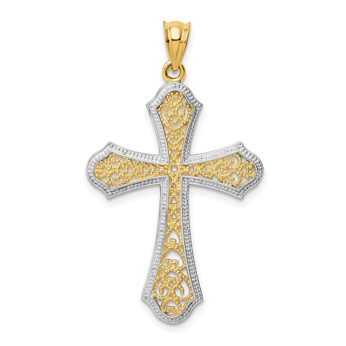 14k w/Rhodium Filigree Cross Pendant-D1645