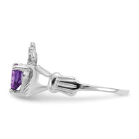 14k White Gold CZ February Birthstone Claddagh Heart Ring-D1781