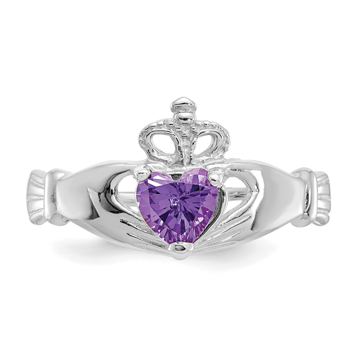 14k White Gold CZ February Birthstone Claddagh Heart Ring-D1781
