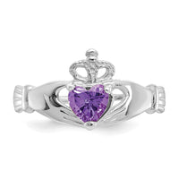 14k White Gold CZ February Birthstone Claddagh Heart Ring-D1781