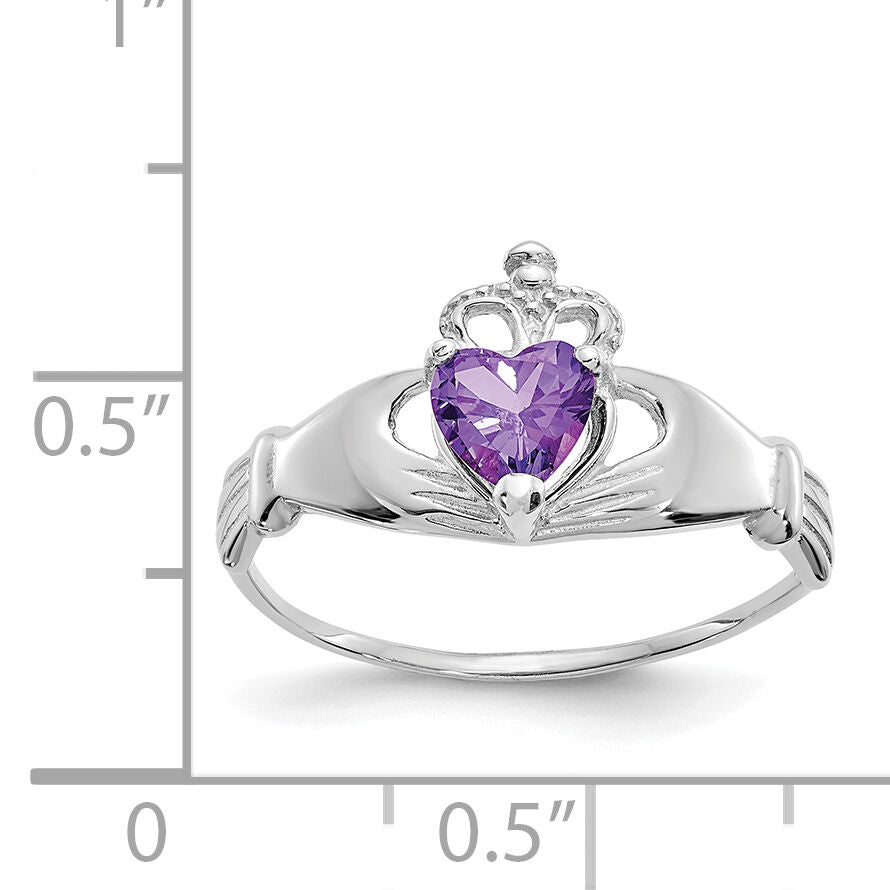 14k White Gold CZ February Birthstone Claddagh Heart Ring-D1781
