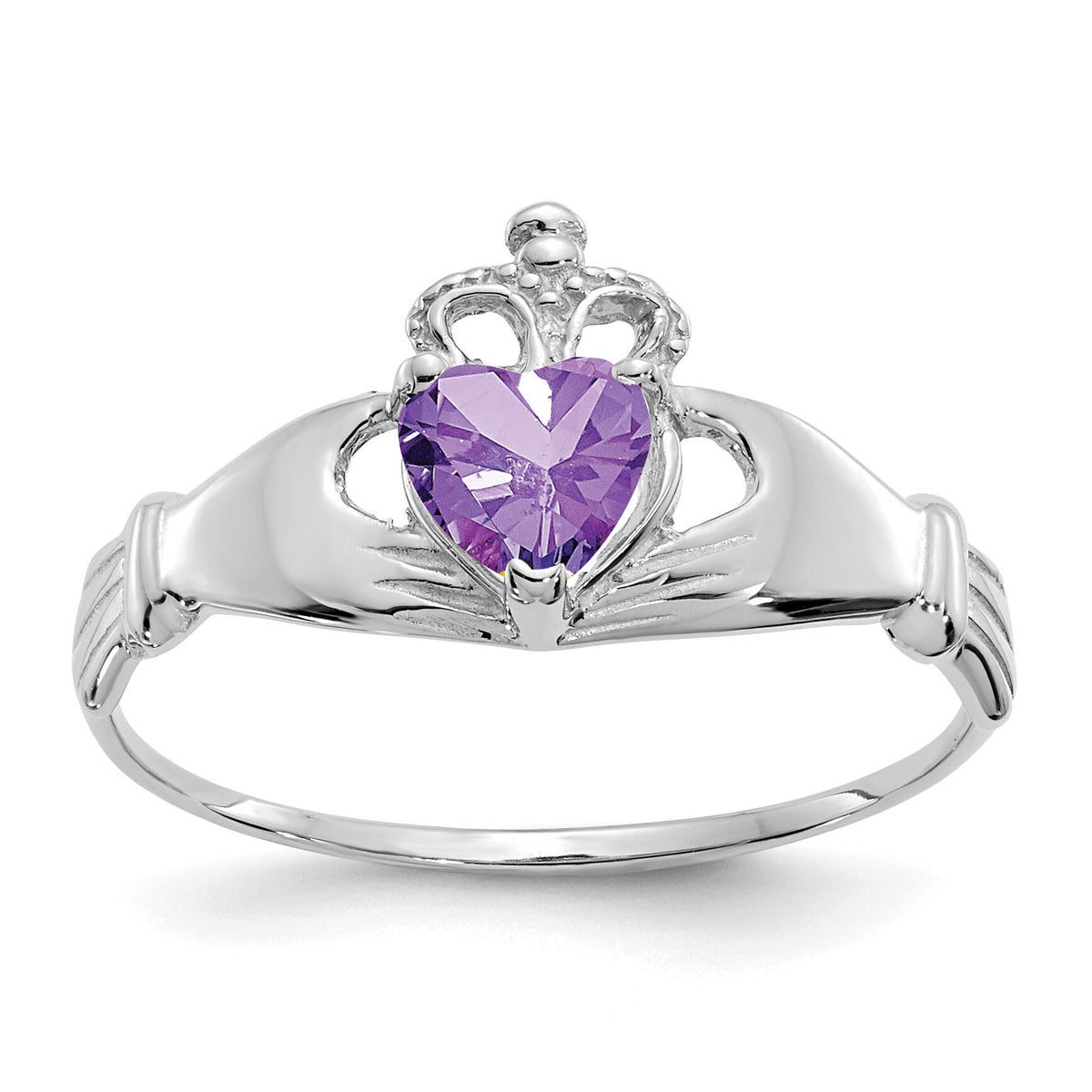 14k White Gold CZ February Birthstone Claddagh Heart Ring-D1781