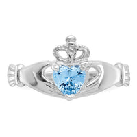 14k White Gold CZ March Birthstone Claddagh Heart Ring-D1782