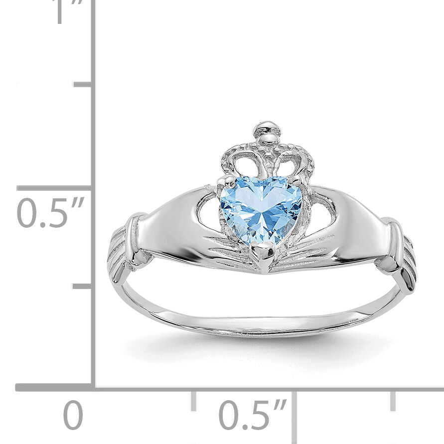 14k White Gold CZ March Birthstone Claddagh Heart Ring-D1782