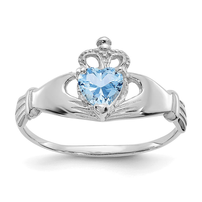 14k White Gold CZ March Birthstone Claddagh Heart Ring-D1782