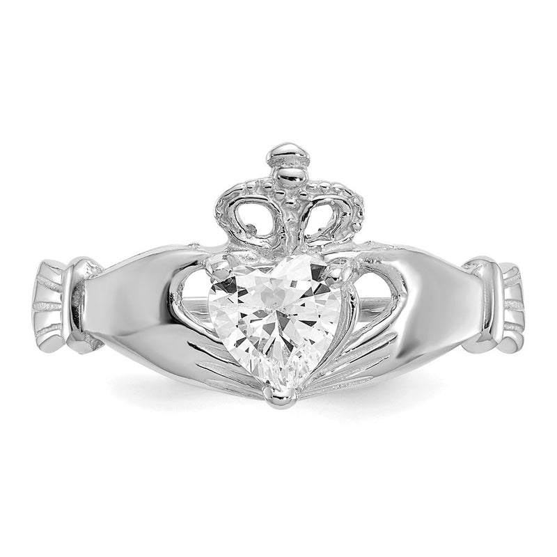 14k White Gold CZ April Birthstone Claddagh Heart Ring-D1783