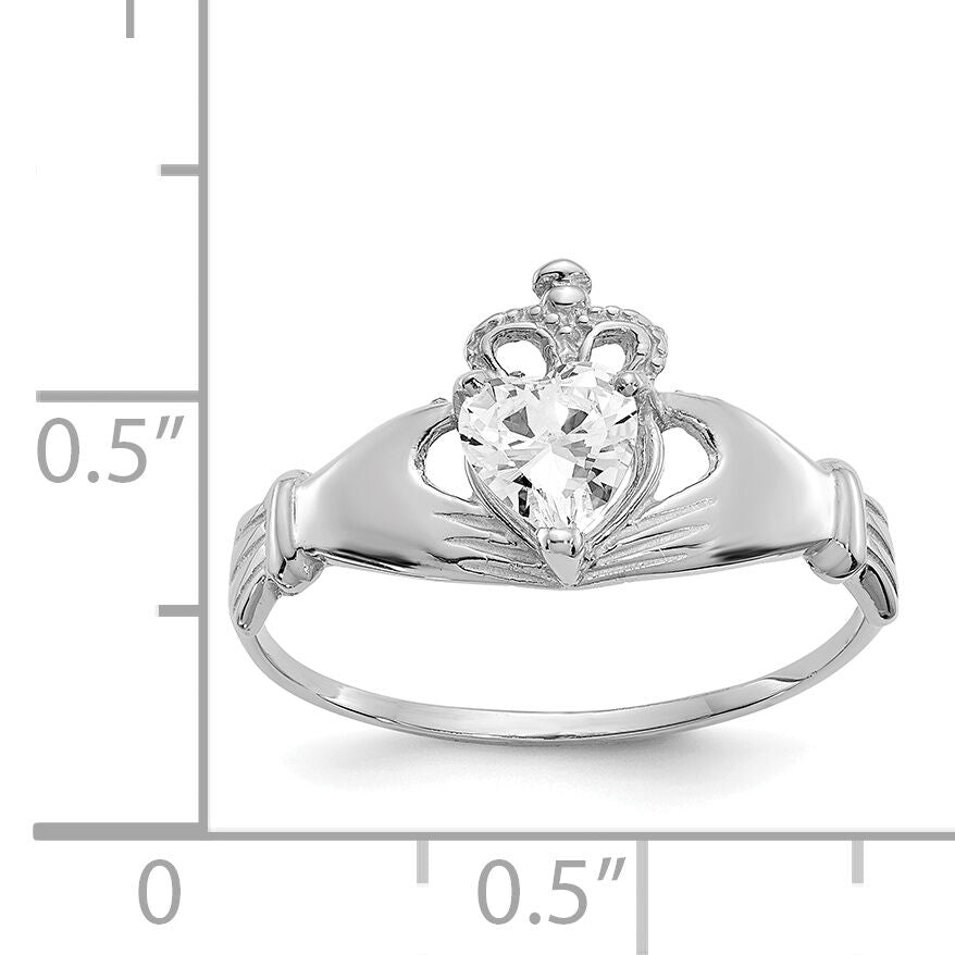 14k White Gold CZ April Birthstone Claddagh Heart Ring-D1783