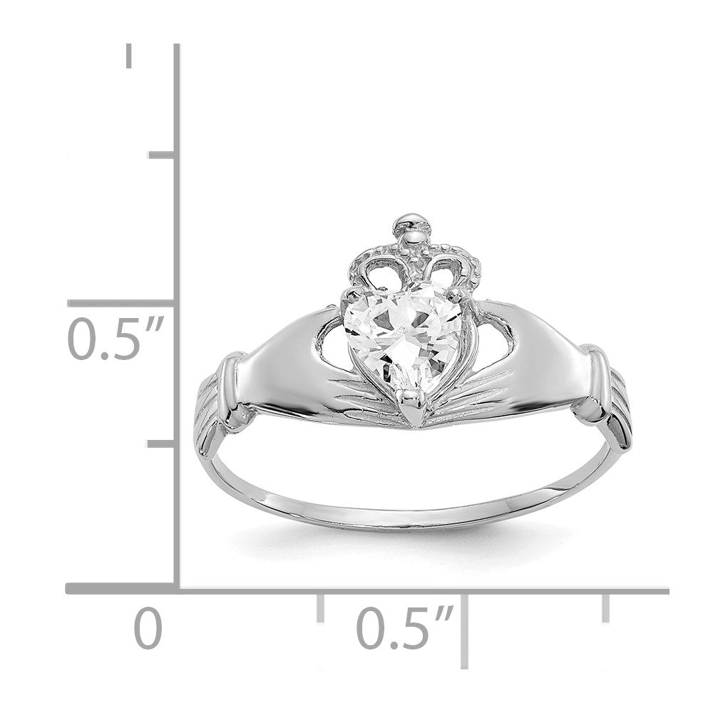 14k White Gold CZ April Birthstone Claddagh Heart Ring-D1783