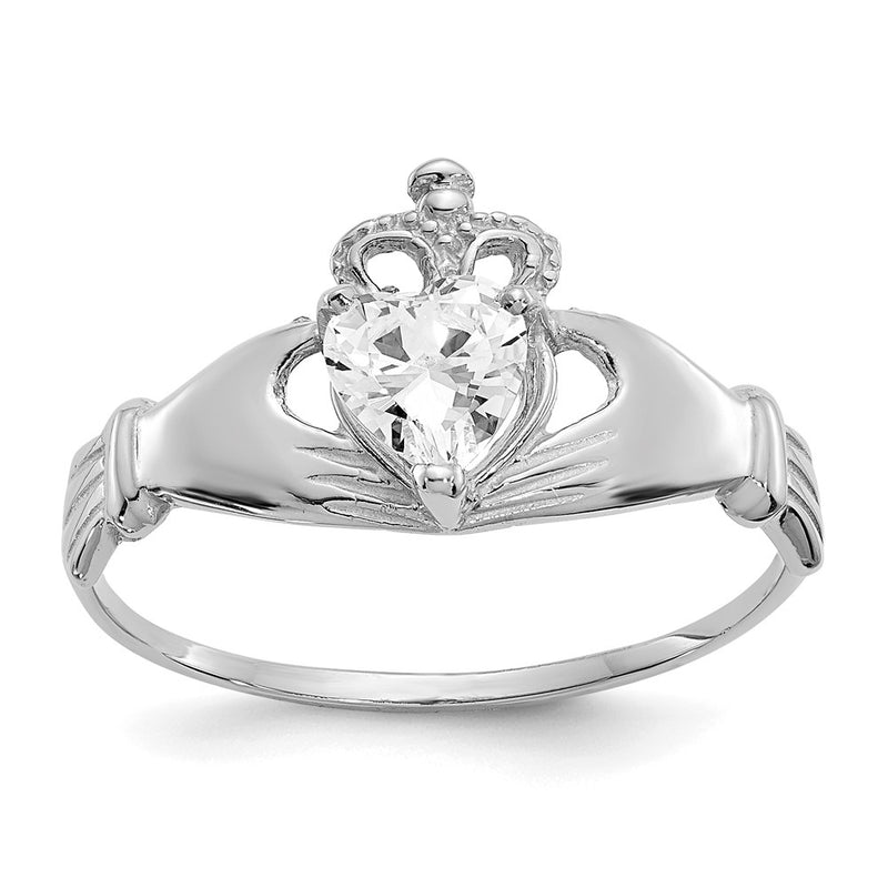 14k White Gold CZ April Birthstone Claddagh Heart Ring-D1783