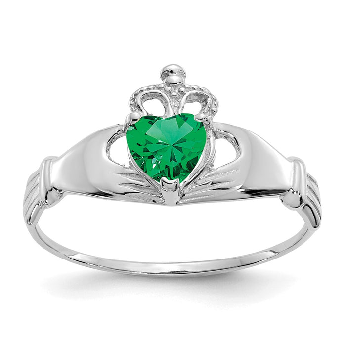 14k White Gold CZ May Birthstone Claddagh Heart Ring-D1784