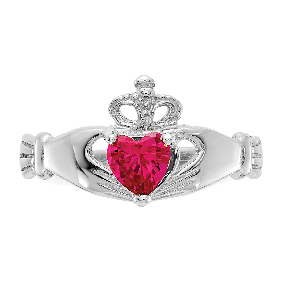14k White Gold CZ July Birthstone Claddagh Heart Ring-D1786