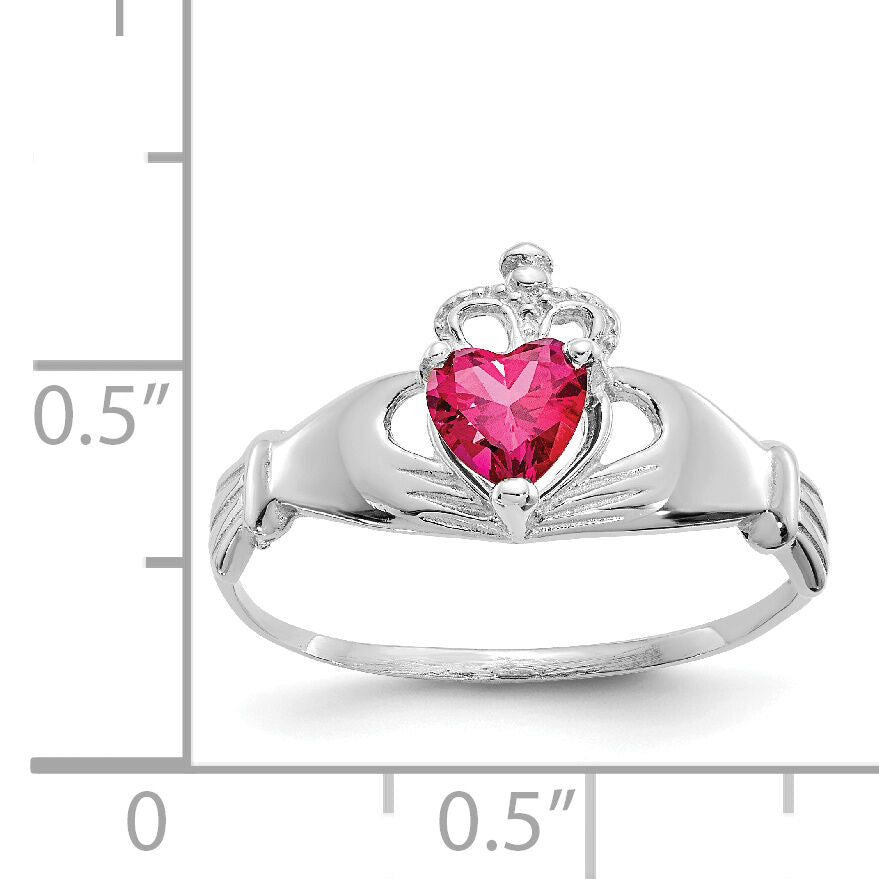 14k White Gold CZ July Birthstone Claddagh Heart Ring-D1786