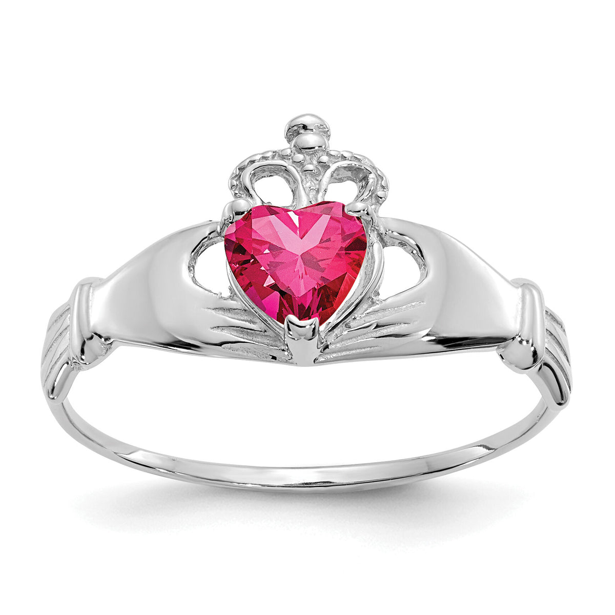 14k White Gold CZ July Birthstone Claddagh Heart Ring-D1786