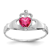 14k White Gold CZ July Birthstone Claddagh Heart Ring-D1786