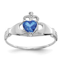 14k White Gold CZ September Birthstone Claddagh Heart Ring-D1788