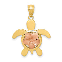 14k Two-tone Diamond-cut Rose Plumeria Turtle Pendant-D3343