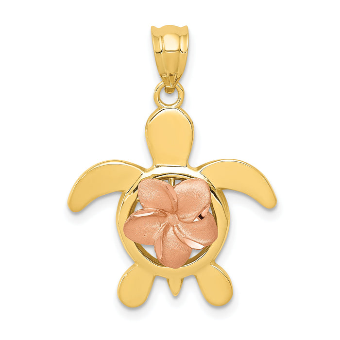 14k Two-tone Diamond-cut Rose Plumeria Turtle Pendant-D3343