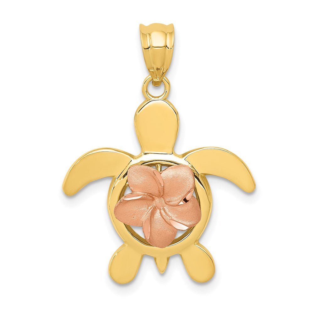 14k Two-tone Diamond-cut Rose Plumeria Turtle Pendant-D3343