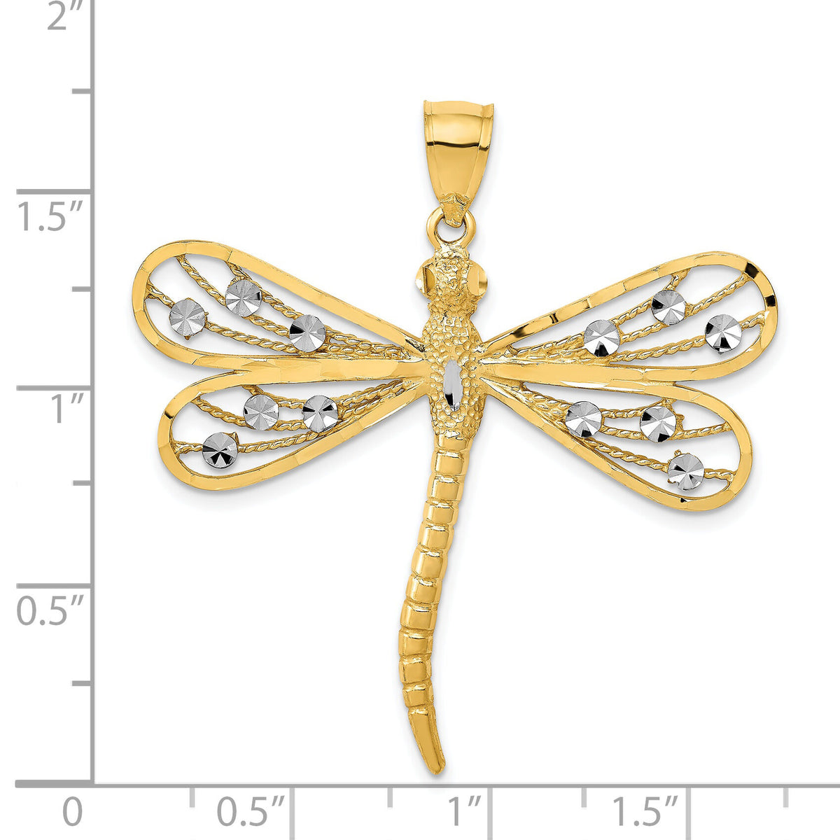 14K w/Rhodium Diamond-cut Filigree Dragonfly Pendant-D3433