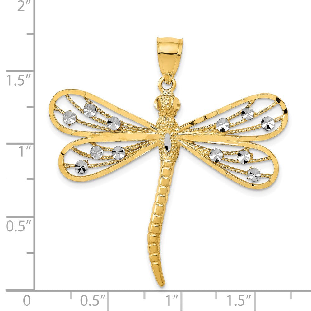 14K w/Rhodium Diamond-cut Filigree Dragonfly Pendant-D3433