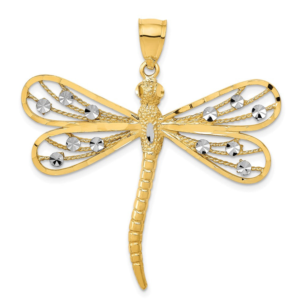14K w/Rhodium Diamond-cut Filigree Dragonfly Pendant-D3433