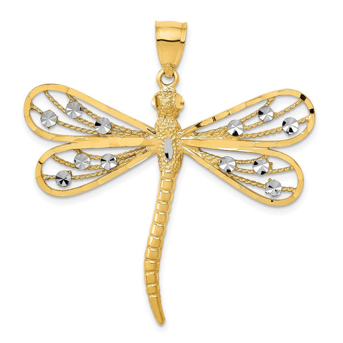 14K w/Rhodium Diamond-cut Filigree Dragonfly Pendant-D3433
