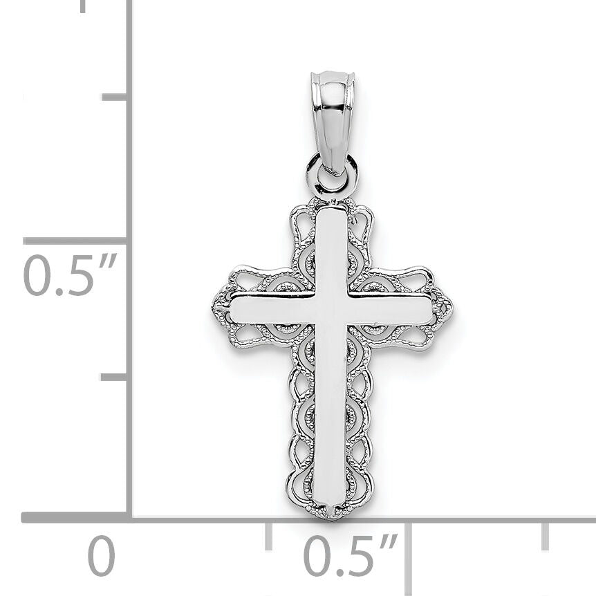 14K White Gold w/ Lace Trim and Polished Center Cross Charm-D3501W