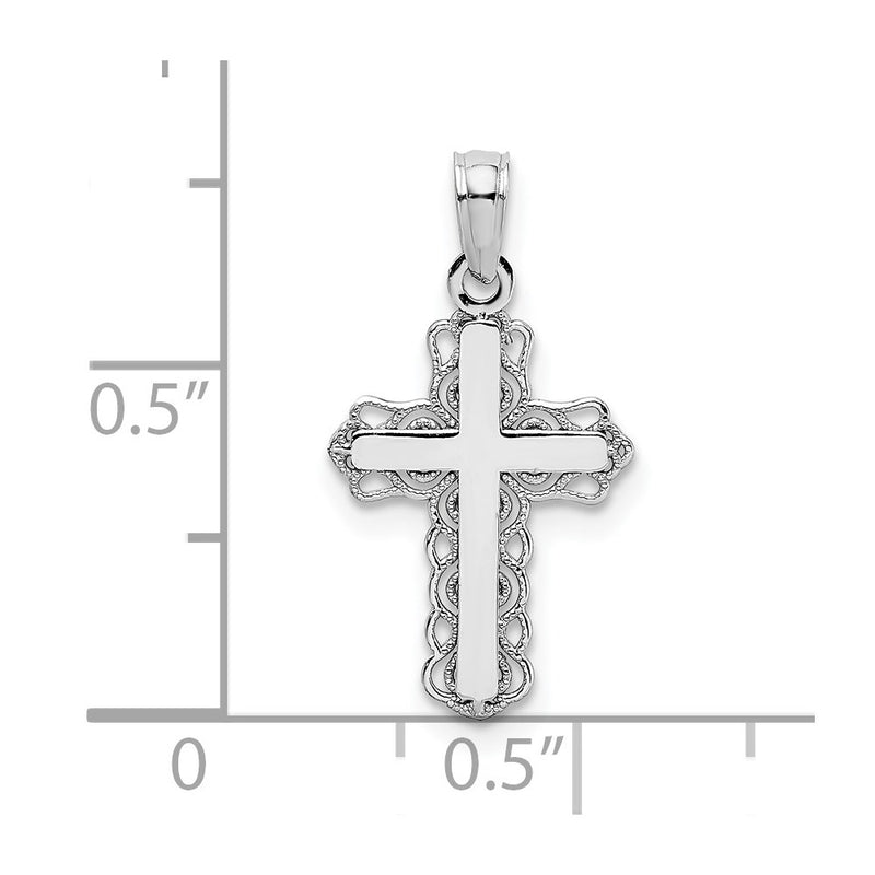 14K White Gold w/ Lace Trim and Polished Center Cross Charm-D3501W