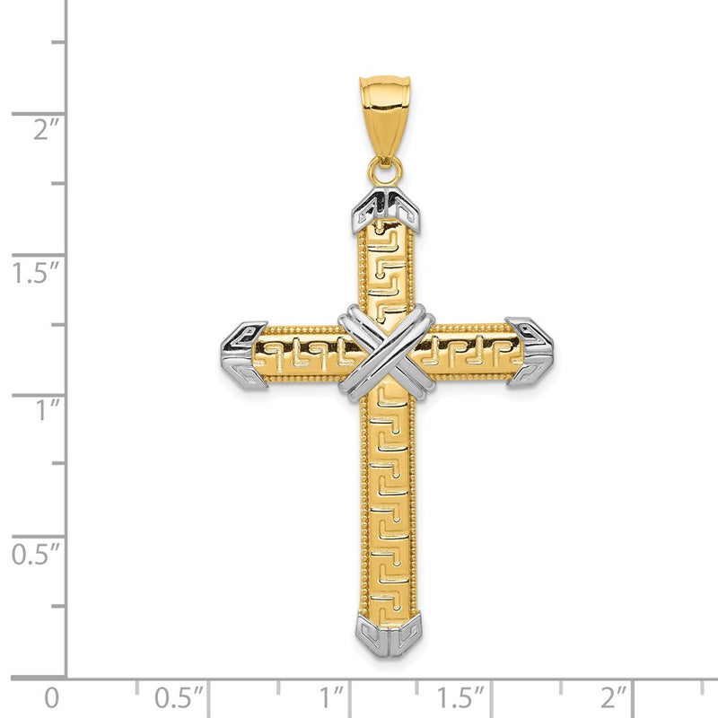 14K And Rhodium Greek Key Cross Pendant-D3564