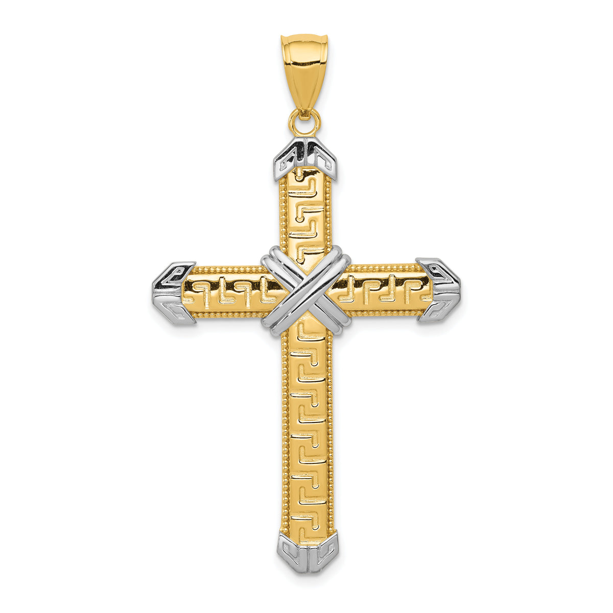 14K And Rhodium Greek Key Cross Pendant-D3564