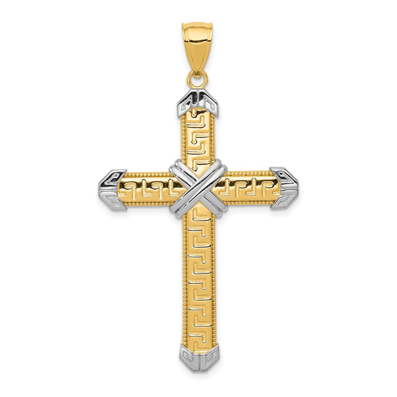 14K And Rhodium Greek Key Cross Pendant-D3564