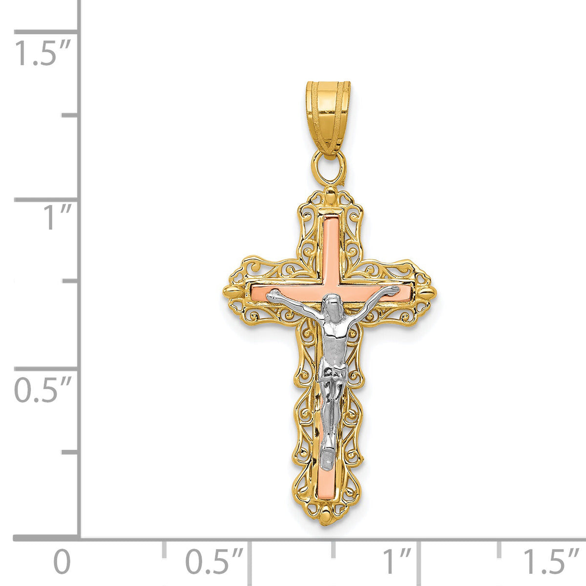 14K Tri-color Diamond-cut Crucifix Pendant-D3644